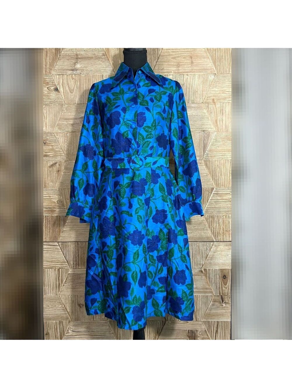 Vintage 70s Retro Silk Long Sleeve Belted Shirt Dress Blue Floral Midi S/M Mod - Picture 3 of 10